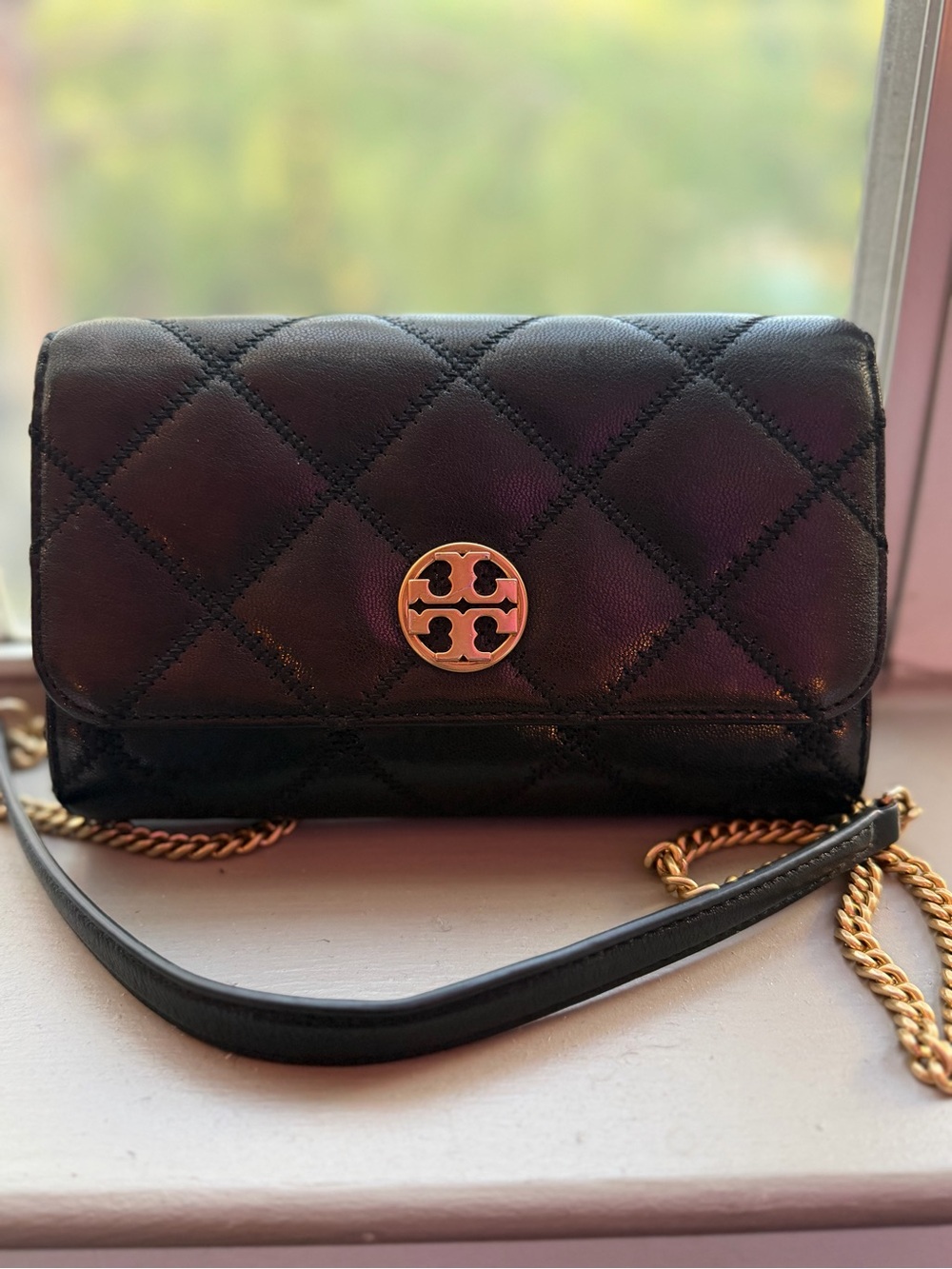 Tory Burch Willa Quilted Leather Crossbody Bag Black Gold Chain